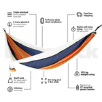 Recycled hammock in navy and orange stripes with cream accent, suspended between carabiners, shown with product features. preview #3