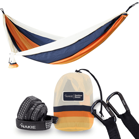 Recycled nylon hammock in navy, orange, and cream stripes with black carabiners, straps, and stuff sack.