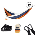 Striped nylon hammock in navy, orange and cream with black carabiners and carrying pouch included. preview #1
