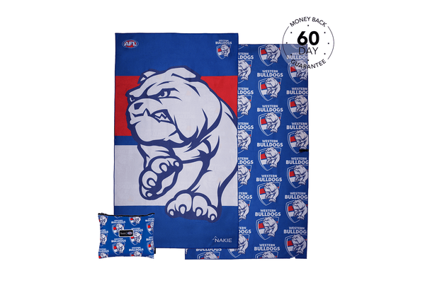 Western Bulldogs blue and red beach towel with large bulldog mascot logo, displayed flat with matching pillowcase and pattern