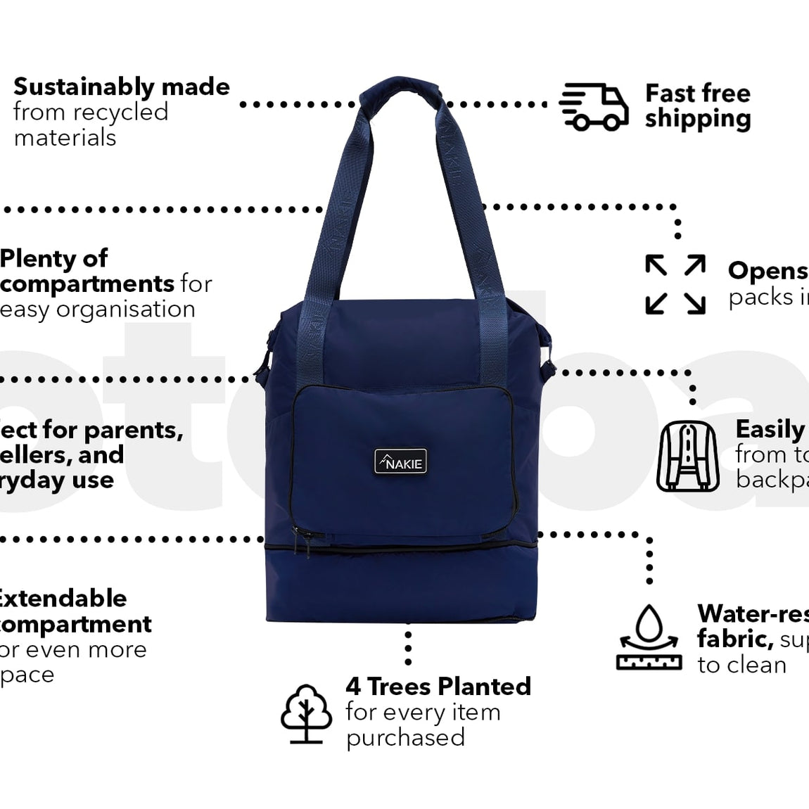 Navy recycled tote bag with dual handles, front pocket, and expandable bottom compartment, shown front view.