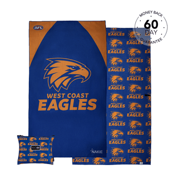 West Coast Eagles beach towel in navy blue with orange eagle logo and repeating pattern, displayed flat with matching pillowc