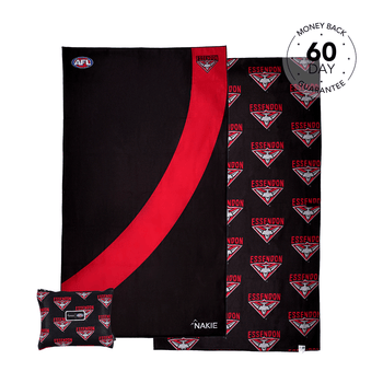 Essendon Bombers black beach towel with red curved stripe and repeating team logo pattern, includes matching small pouch.