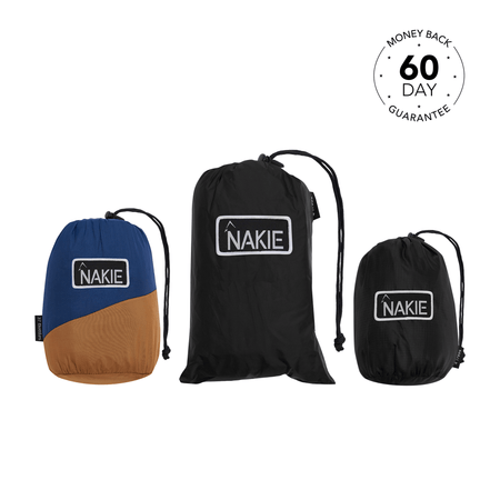 Studio shot featuring Nakie's hammock, bug net, and tarp combination, highlighting their durable and protective features for comfortable outdoor camping and backpacking