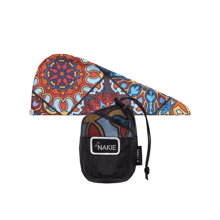 Hair wrap towel in multicolour geometric and ornamental pattern with black storage pouch