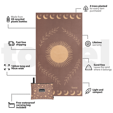 Brown recycled beach towel with celestial sun, moons, stars, and leaf design