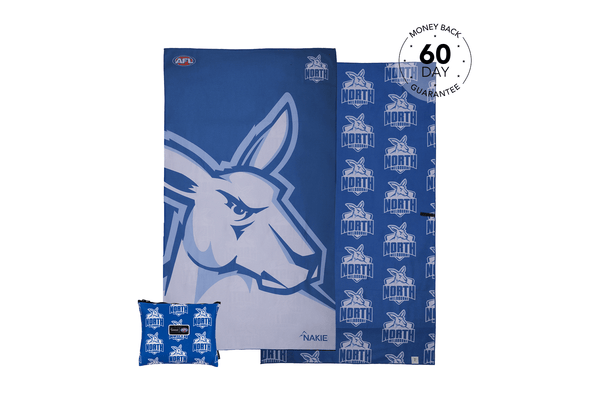 North Melbourne Kangaroos blue beach towel with large kangaroo head design and repeated logo pattern, displayed with matching
