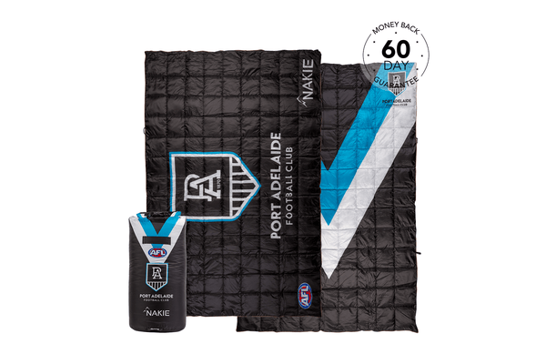 Black quilted puffy blanket with Port Adelaide Power branding, blue and white chevron design, includes stuff sack