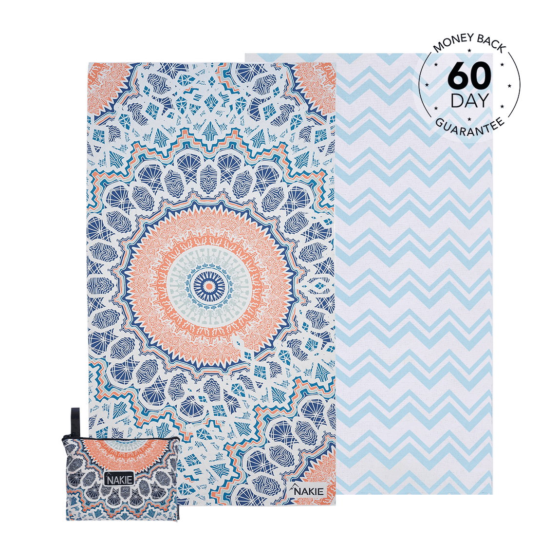 Recycled beach towel with blue and coral mandala pattern and light blue chevron reverse, includes matching pouch.