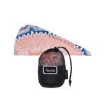 Hair wrap towel in coral and navy geometric pattern with black storage pouch preview #4