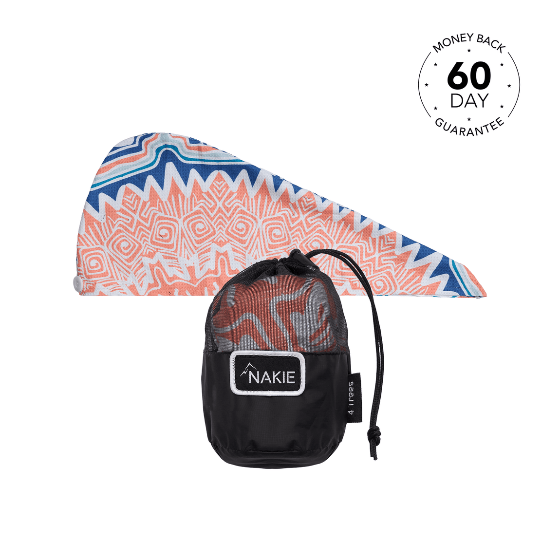Hair wrap towel in coral and navy geometric pattern with black mesh storage pouch